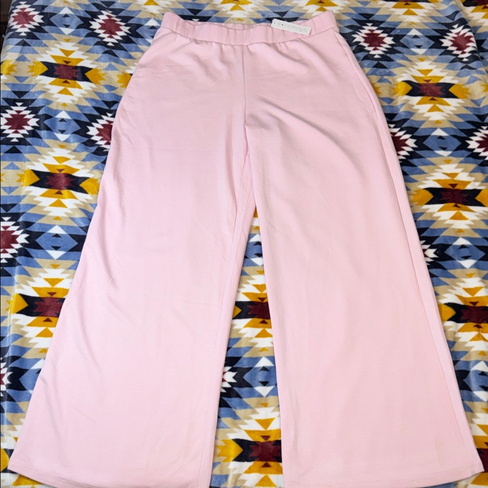 Wide-Leg Elastic Waist Pants — Light Pink